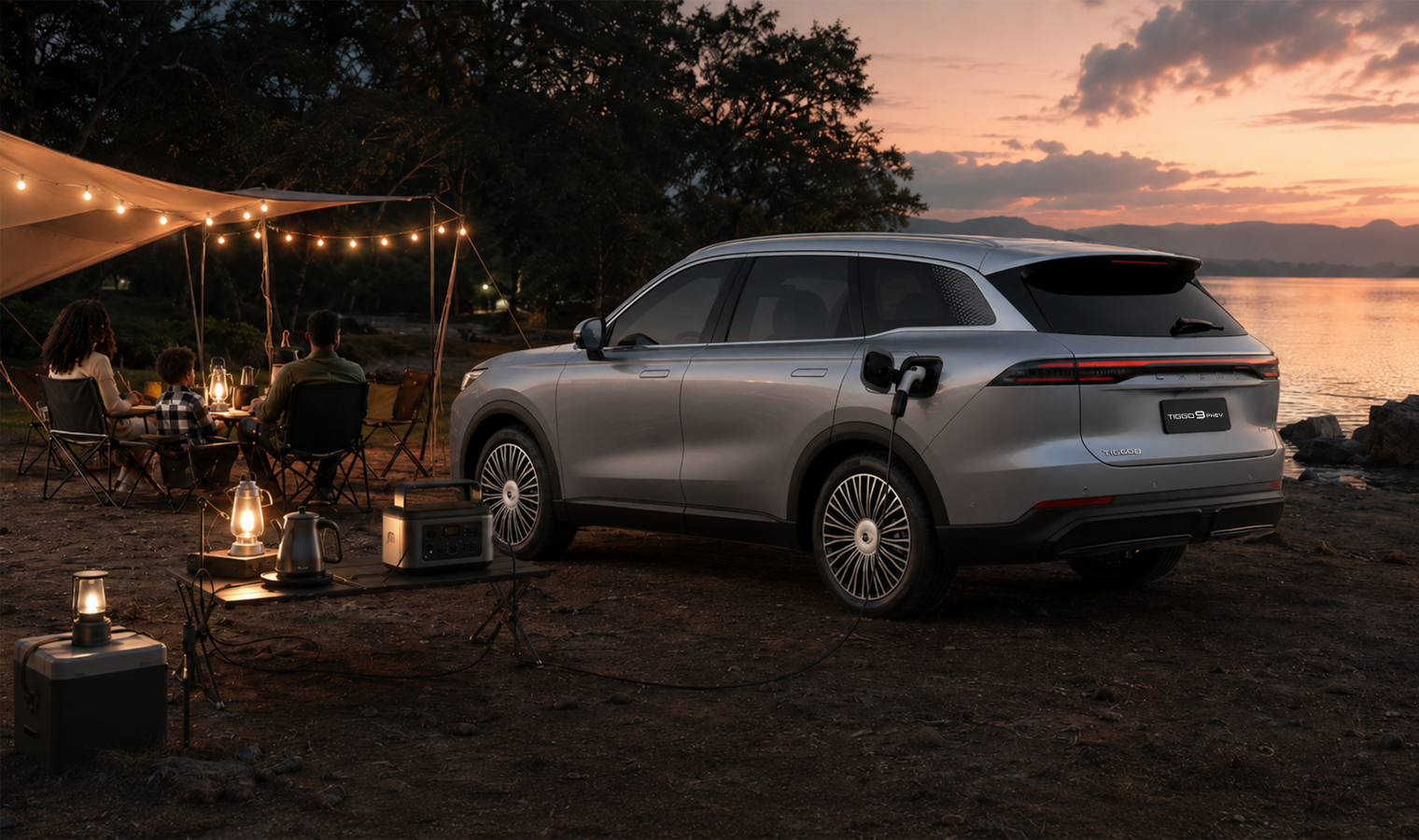 Tiggo 9 PHEV powering a family camping trip